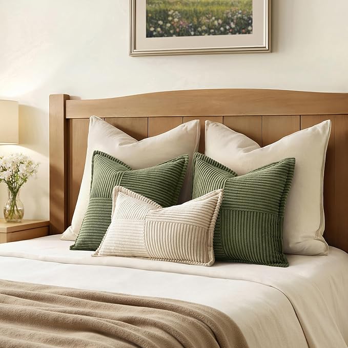 MIULEE Olive Green Corduroy Pillow Covers 16x16 Inch with Splicing Set of 2 Soft Boho Striped Pillow Covers Broadside Decorative Textured Summer Pillowcases for Couch Cushion Bed Livingroom