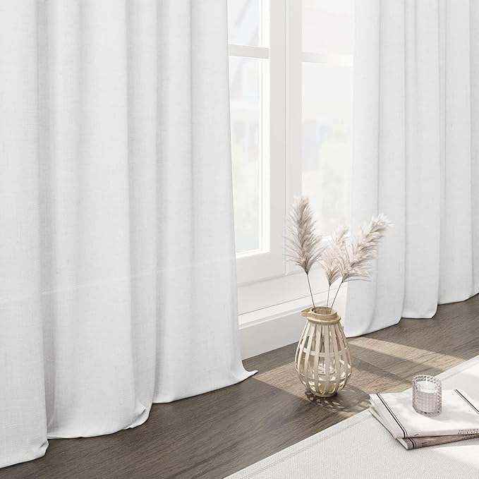 Nanspring White Linen Curtains for Living Room 84 inches Long 2 Panels Set Pure White Semi Sheer Curtains Back Tab Rod Pocket Modern Farmhouse Decor Elegant Curtains 34 X 84,2 Panels