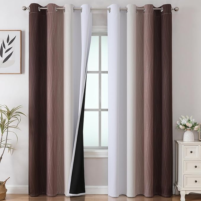 Estelar Textiler Brown and Greyish White Gradient Blackout Curtains for Bedroom, Thermal Insulated Ombre Blackout Drapes, Full Light Blocking Energy Saving Curtains for Living Room,52Wx96L,2 Panels