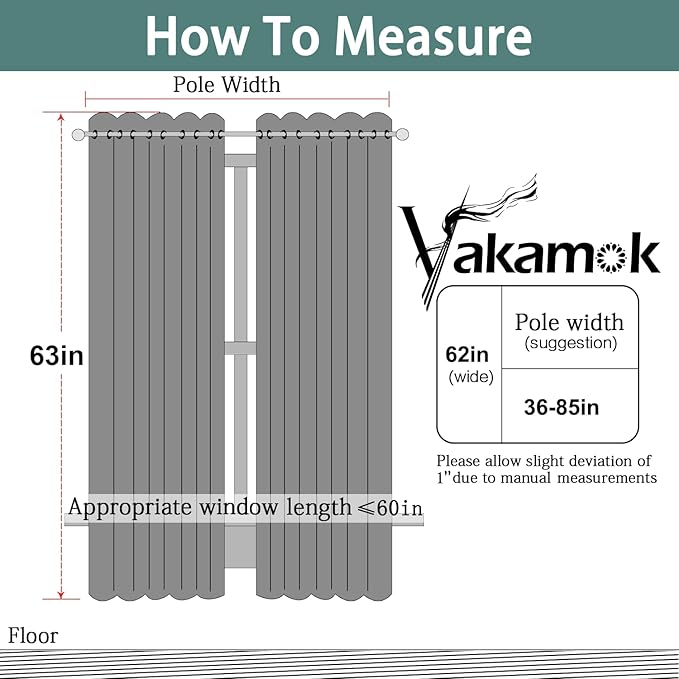 Yakamok 63 Inch Long Blackout Curtains for Bedroom, Thermal Insulated Room Darkening Curtains, Light Blocking Blackout Drapes for Living Room- 2 Panels, 62x63 Inch, Charcoal Grey