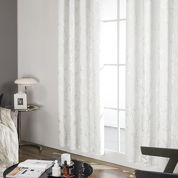 Deconovo White Curtains 72 Inches Long, Room Darkening Curtain, Thermal Insulated Soundproof Drapes, Silver Print, Grommet Top, Light Blocking Window Panels for Living Room Bedroom Nursery, Set of 2