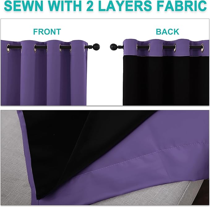 NICETOWN 100% Blackout Short Curtains with Black Liners, 2 Panels, 37" W by 50" L, Lilac Purple, Thermal Insulated Full Blackout 2-Layer Lined Drapes, Energy Efficiency Window Draperies for Bedroom