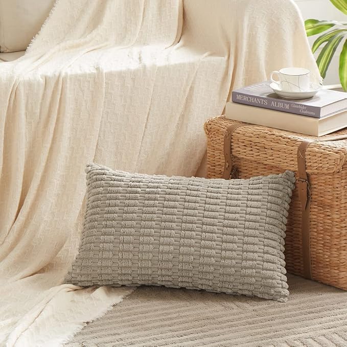 Fancy Homi 4 Packs Neutral Lumbar Decorative Throw Pillow Covers 12x20 Inch for Living Room Couch Bed Sofa, Boho Home Decor, Soft Striped Corduroy Rectangle Accent Beige Cushion Case 30x50 cm