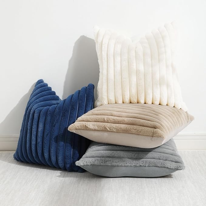 decorUhome Cozy Faux Fur Throw Pillow Covers 26x26 Set of 2 Decorative Soft Plush Striped Modern Farmhouse Boho Couch Euro Sham Pillow Cases with Velvet Back for Sofa Bed Living Room, Grey