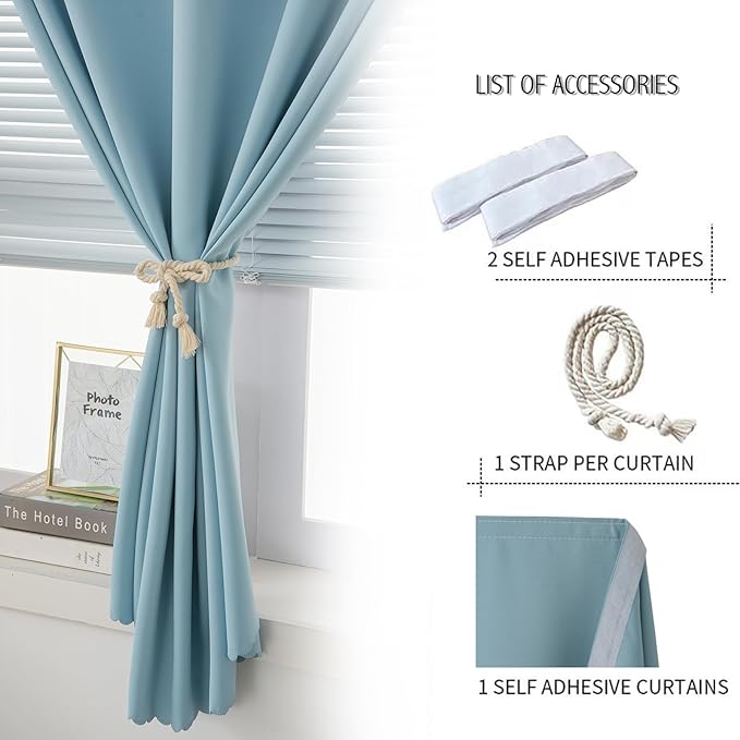Self Adhesive Curtains, Portable Blackout Curtains Fabric Curtains for Living Room No Drilling, 59" W X 96" L, Lake Blue, 1 Panel
