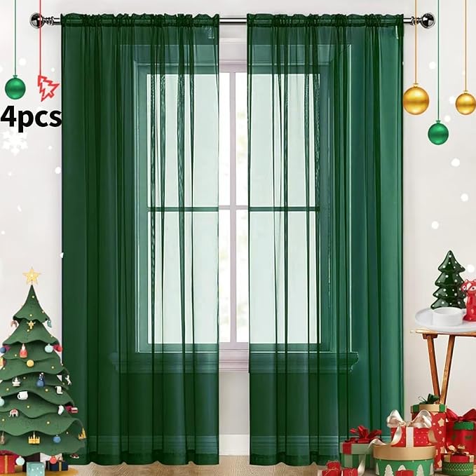 SpaceDresser Foliage Green Sheer Curtains 4 Panels Rod Pocket Semi-Sheer Curtain 54 Inches Long Light Filtering Voile Window Drapes for Bedroom Living Room Kitchen, Each 52W x54L