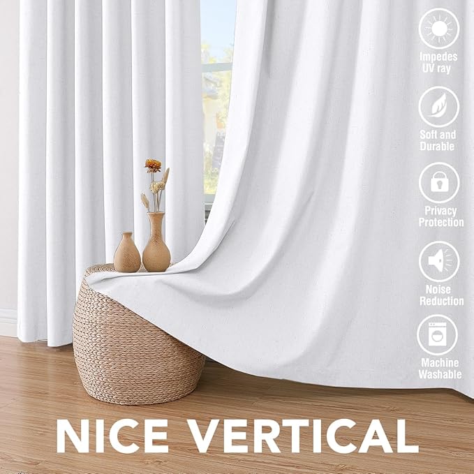 H.VERSAILTEX 100% Blackout Curtains for Bedroom Thermal Insulated Linen Textured Curtains Heat and Full Light Blocking Drapes Living Room Curtains 2 Panel Sets, 52x63 - Inch, Pure White