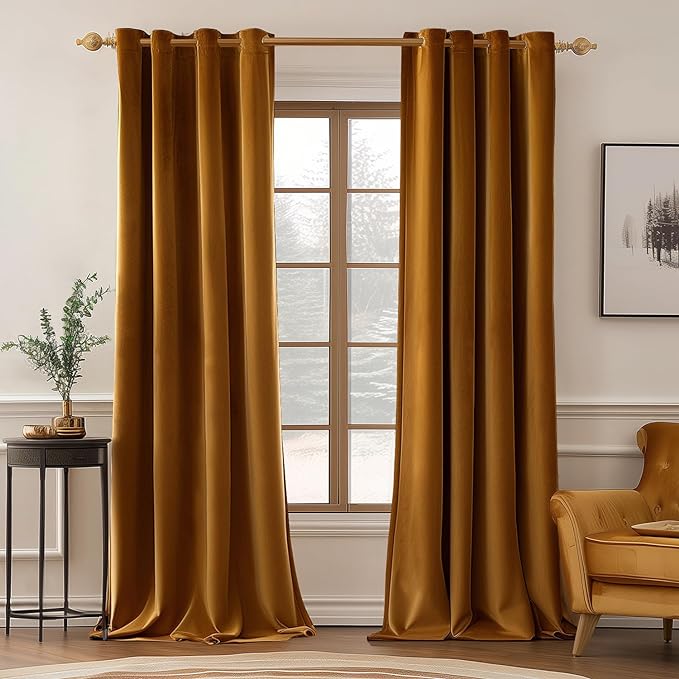 MIULEE Velvet Curtains Golden Brown Elegant Grommet Curtains Thermal Insulated Soundproof Room Darkening Black Out Curtains/Drapes for Classical Living Room Bedroom Decor 52 x 108 Inch Set of 2