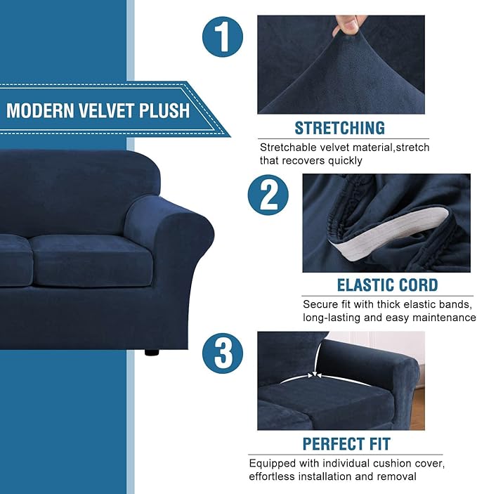 H.VERSAILTEX Velvet 4 Piece High Stretch Sofa Slipcover Sofa Cover Furniture Protector Form Fit Luxury Thick Velvet Extra Large Sofa Cover for 3 Cushion Couch Width Up to 105 Inch (XL Sofa, Navy)