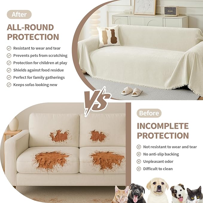 Couch Cover for Dogs, Boho Sofa Covers for 3 Cushion Couch, Chenille Sofa Slipcover for Pets Washable, L-Shape Sectional Couch Loveseat Cover Soft Throw Blankets with Tassels(91x134,Cream)