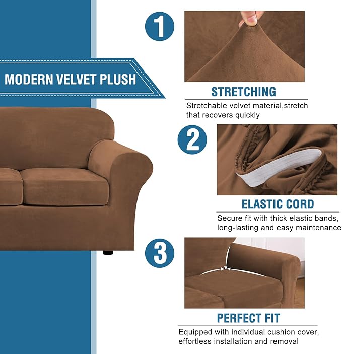 H.VERSAILTEX Velvet 4 Piece High Stretch Sofa Slipcover Cover Furniture Protector Form Fit Luxury Thick Velvet Extra Large Sofa Cover for 3 Cushion Couch Width Up to 105 Inch (XL Sofa, Caramel)