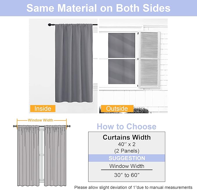 Simplebrand Ava Light Grey Short 36 Inches Blackout Curtain 2 Panels Set, Half Window Rod Pocket Privacy Curtain Tiers for Kitchen, Curtains Blackout for Bathroom Shades, W40 x L36 Inch, Light Grey