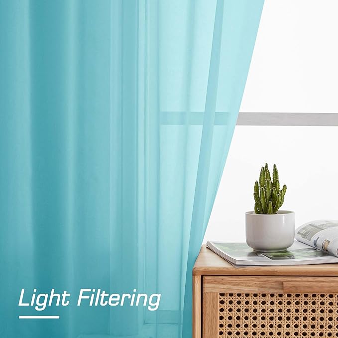 OWENIE Aqua Sheer Curtains for Bedroom Living Room 90 Inches Long, Elegant Solid Light Filtering Window Curtain Panles, Modern Rod Pocket Aqua Curtain, 2Pcs, Each 42" W x 90" L