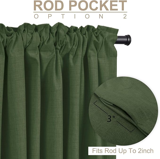 100% Blackout Shield Linen Blackout Curtains for Bedroom 72 Inches Long, Back Tab/Rod Pocket Living Room Drapes, Thermal Insulated Blackout Curtains 2 Panels Set, 50" W x 72" L, Moss Green