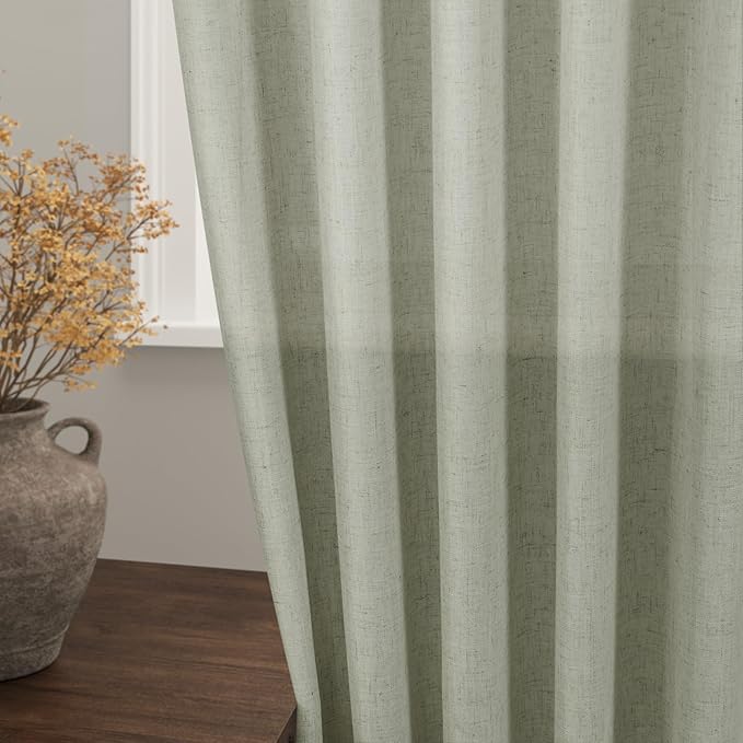 Nanspring Sage Green Curtains 92 Inch Length 2 Panels Back Tab Pocket Light Filtering Semi Sheer Drapes Linen Cotton Textured Airy Farmhouse Sage Living Room Decor Light Green Curtains for Bedroom