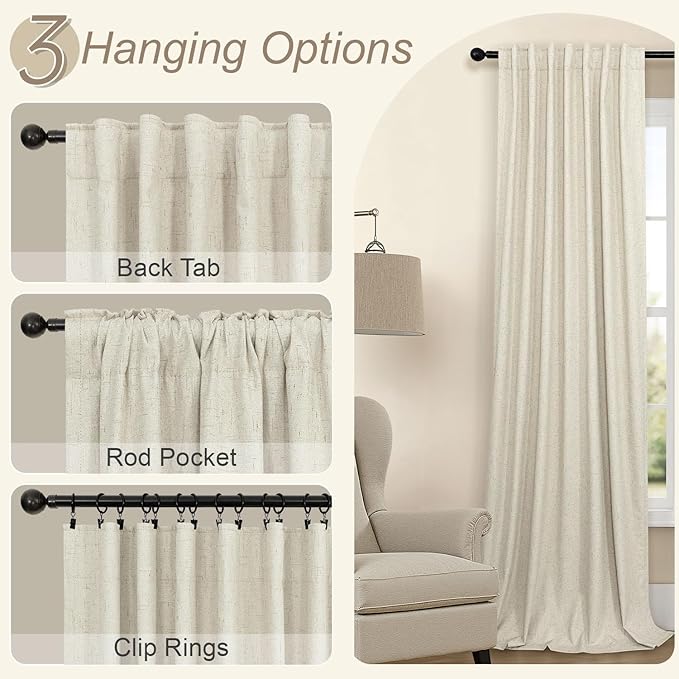 Extra Long Blackout Curtains for 10 Feet High Ceiling Living Room Large Window Back Tab Flax Linen Look Drapes 120 Inches Long 2 Panels Noise Cancelling Thermal Light Blocking Farmhouse Luxury Beige