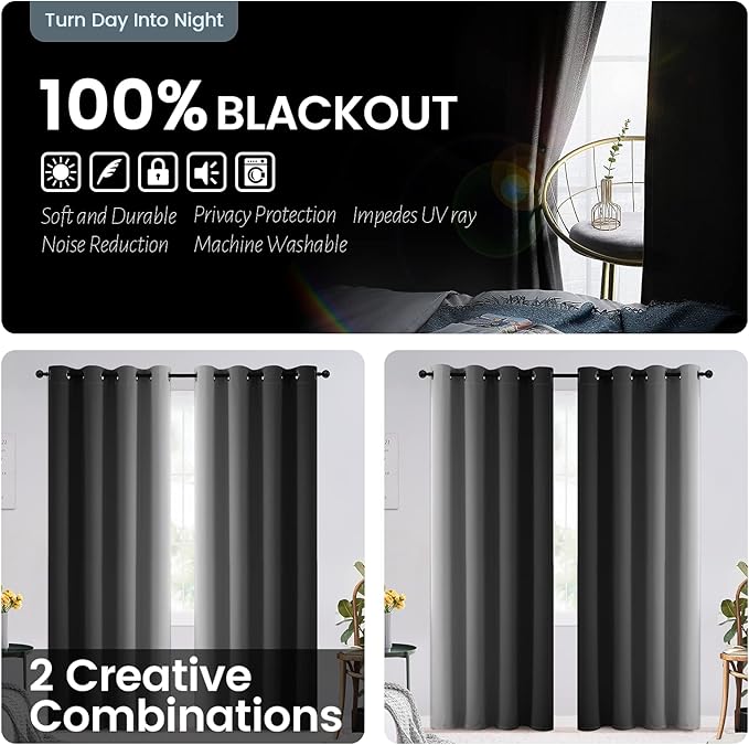SimpleHome Black and Greyish White Blackout Curtains for Bedroom 96 Inches Long, Room Darkening Grommet Curtains for Living Room,Thermal Insulated Ombre Drapes,2 Panels, 52x96 inches Length