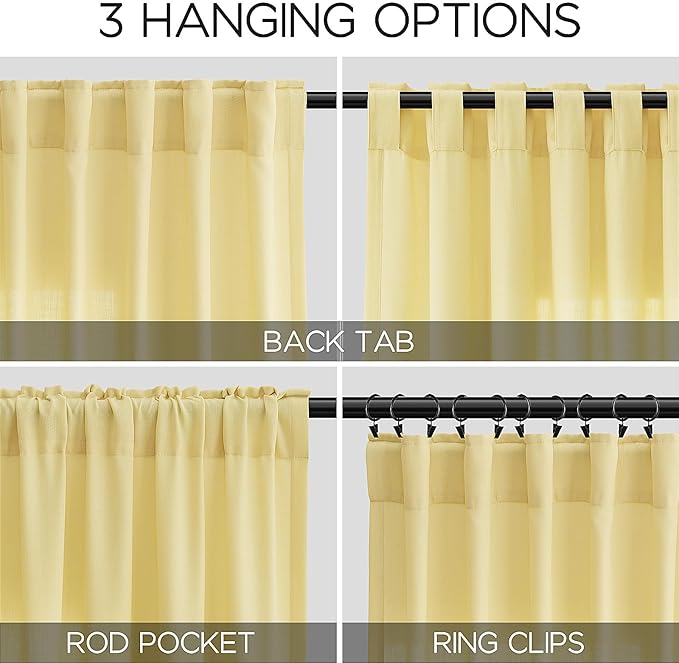 Yellow Linen Semi Sheer Curtains 120 Inches Long 2 Panels Set Back Tab Loop Pocket Linen Blend Boho Decor Large Window Curtain Extra Long Light Filtering Drapes High Ceiling for Living Room 52x120