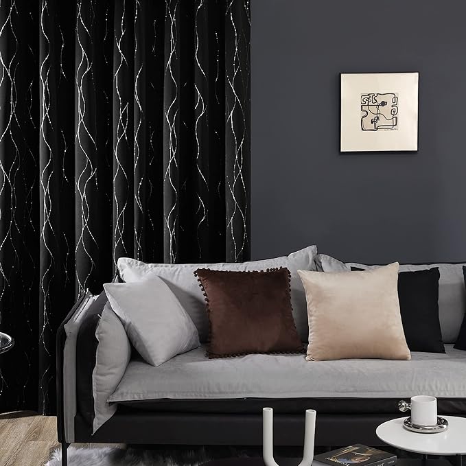 Deconovo Blackout Curtains 72 Inch Long 2 Panels, Black Drapes, Thermal Insulated Noise Reducting Privacy Curtain with Silver Print, Grommet Top, Machine Washable Window Panel for Living Room Office