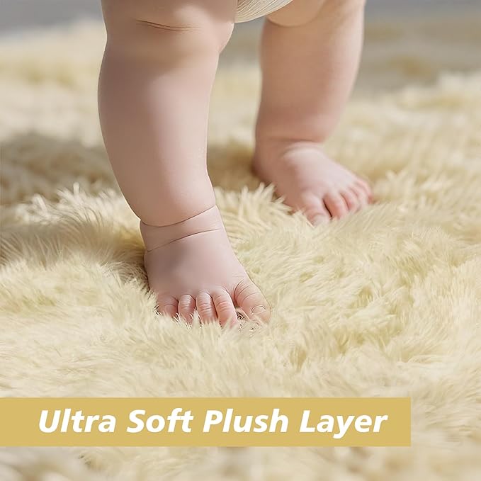 yulidayang Fluffy Round Area Rugs for Bedroom,Ivory 5'X5'Shag Circle Area Rugs for Girls Room,Non Slip Fuzzy Plush Rug for Kids Room Living Room and Dorm Home Rug