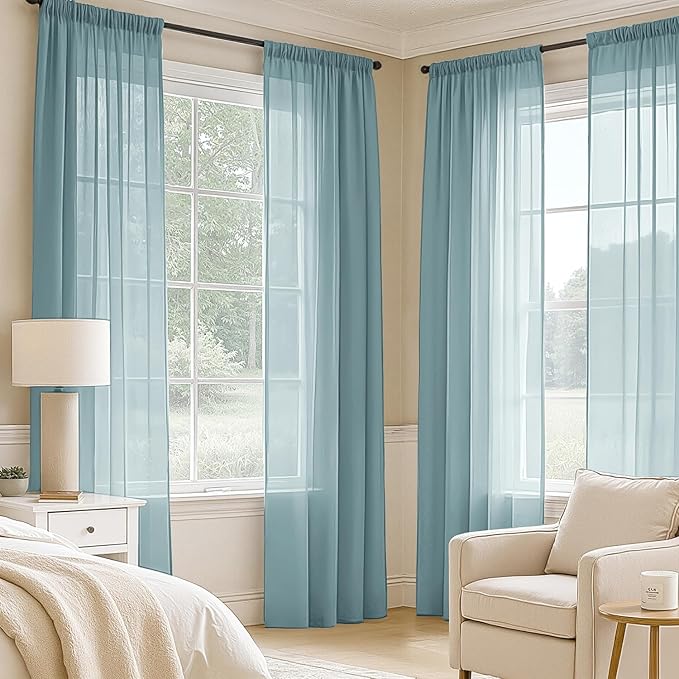 MIULEE Dusty Blue Sheer Curtains 96 Inches Long, 4 Panels Set, Light Filtering Rod Pocket Voile Drapes for Living Room and Bedroom, Airy Soft Fabric Window Treatments, 42 x 96 Inches