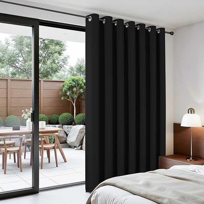 Joydeco Blackout Patio Sliding Door Curtains 90 Inches Long, Grommet Privacy Room Divider Curtains, Extra Wide Thermal Blackout Drapes for Bedroom Living Room (Black, 80Wx90L, 1 Panel)
