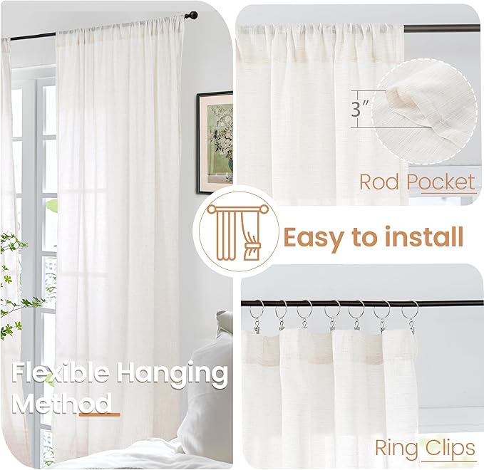 BGment Linen Curtains 36 Inch Length for Small Window Over Sink - Half Drapes Natural Semi Sheer with Rod Pocket for Kitchen Bathroom, 2 Panels Set, 30 X 36 Inch