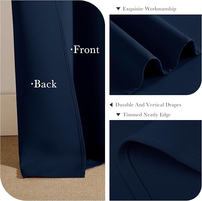 PONY DANCE Blackout Window Curtains - Double Panels Back Tab & Rod Pocket Thermal Insulated Short Drapes for Kitchen Bedroom, 52 Wide x 45 Long Per Panel, Navy Blue, 2 Pieces