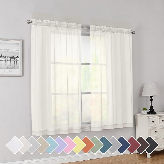 Simplebrand Ivory Short Sheer Curtains 45 Inch Length for Small Windows, Rod Pocket 2 Panels Set Solid Voile Drapes Window Sheer Curtains for Bedroom Bathroom Kids Room Kitchen, 42x45 Inch, Ivory