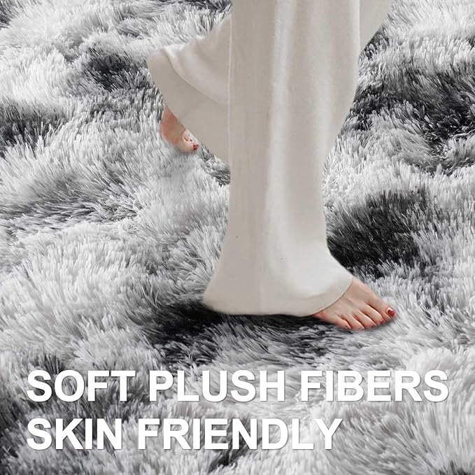 4x6 Ft Shag Area Rug for Bedroom Living Room, Tie-Dyed Ultra Soft Fluffy Furry Rugs for Indoor Floor, Aesthetic Carpet for Kids Home Decor (Black White)