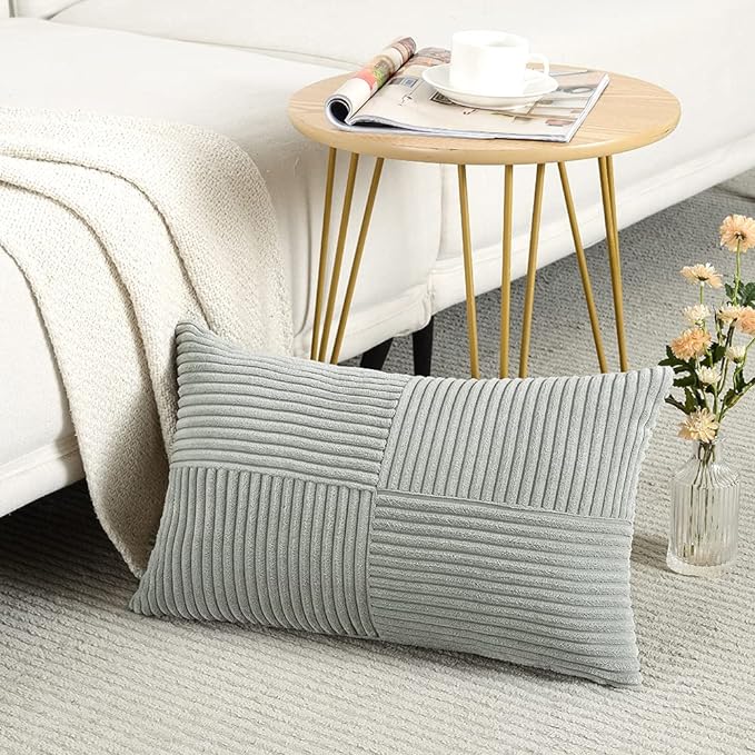 Fancy Homi 2 Packs Grey Long Lumbar Decorative Throw Pillow Covers 12x24 Inch for Couch Bed Sofa, Rustic Farmhouse Boho Home Decor, Soft Striped Corduroy Rectangle Accent Cushion Case 30x60 cm