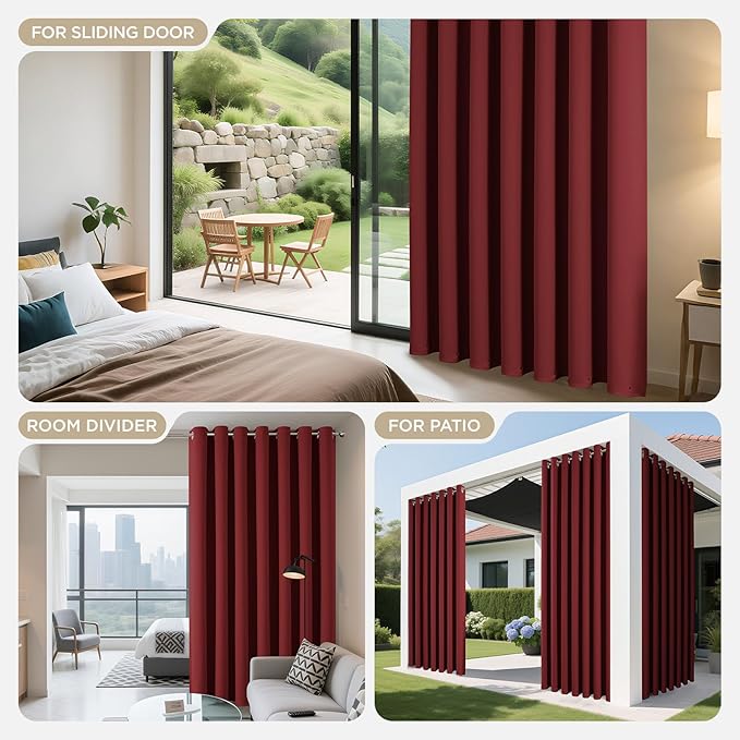 Joydeco Blackout Patio Sliding Door Curtains 108 Inches Long, Grommet Privacy Room Divider Curtains, Extra Wide Thermal Blackout Drapes for Bedroom Living Room (Burgundy Red, 60Wx108L, 1 Panel)