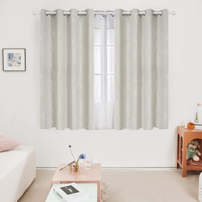 Deconovo Beige Curtains for Living Room, Thermal Insulated Soundproof Drapes with Wave Dot Silver Print, 52 x 63 Inch Long, Farmhouse Panel, Set of 2 Window Panels for Classroom Bedroom Office Nursery