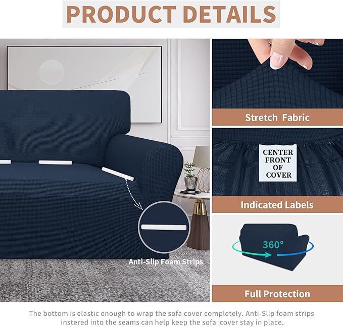 Easy-Going 100% Waterproof Oversized Loveseat Couch Cover, Dual Waterproof Sofa Cover, Stretch Jacquard Sofa Slipcover, Leakproof Furniture Protector for Kids, Pets, Dog and Cat, Dark Blue