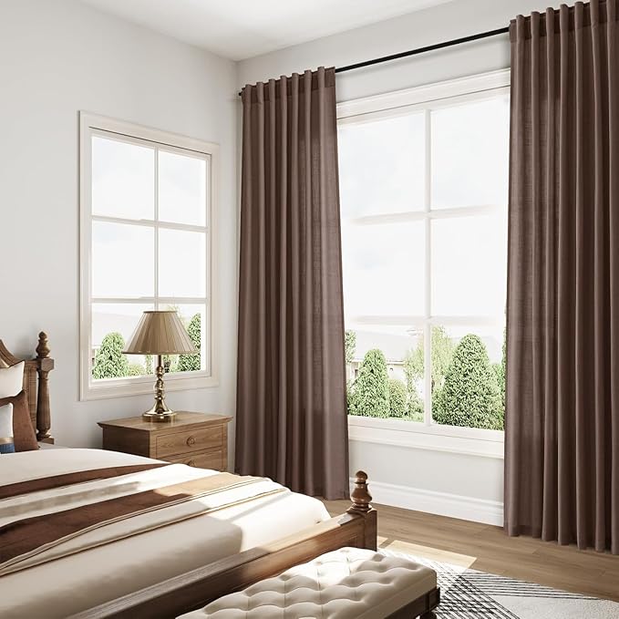 Cappuccino Linen Curtains 80 Inch Length for Living Room Light Filtering Semi Sheer Curtain Back Tab Rod Pocket Luxury Modern Rustic Home Decor Neutral Drapes for Bedroom Dinner Room 52x80, 2 Panels