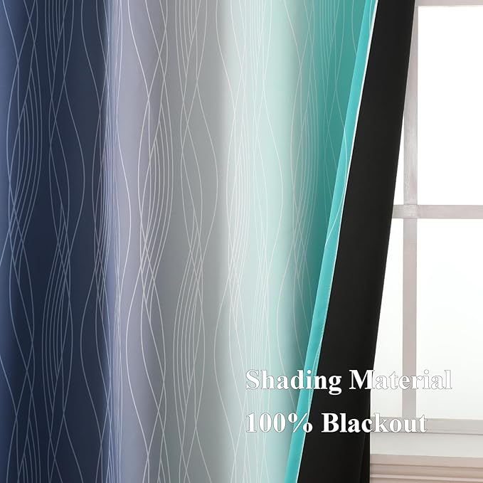 Estelar Textiler Navy Blue and Teal Blackout Curtains 63 Inch Length 2 Panels Set, Full Room Darkening Grommet Ombre Curtains for Bedroom, Thermal Insulated Light Blocking Gradient Drapes,52Wx63L
