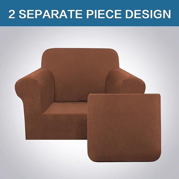 H.VERSAILTEX 2-Piece Armchair Cover Slipcovers with Arms - Sofa Slipcover for Chair Width Up to 47 Inch, Anti-Slip Rich Stretch Knitted Jacquard Fabric Small Checks (Caramel)