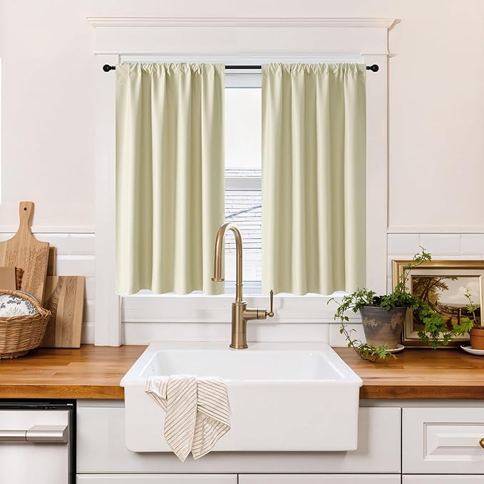 RYB HOME 100% Blackout Short Curtains for Small Window, Thermal Insulated Total Room Darkening Noise Reducing Curtains for Kitchen Bathroom Basement, 52 inches Wide by 36 inches Long, Beige