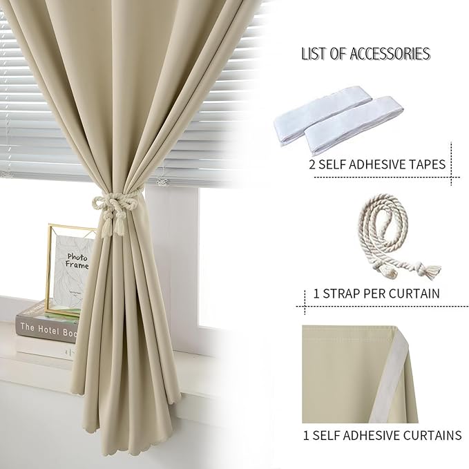 Self Adhesive Portable Blackout Curtains for Bedroom Easy to Install Window Thermal Lnsulated Kitchen Room Darkening Small Window Curtains, Cortinas Para Cuarto, 35"W X 71"L, Beige, 1 Panel