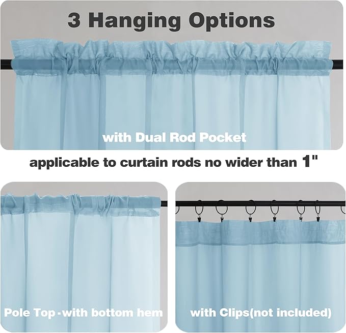 Chyhomenyc Light Blue Sheer Valances for Windows 2 Pack, Small Window Curtains for Living Room Bathroom Cafe Laundry Basement, Modern Top Dual Rod Pocket Voile Curtain, 42W x 14L inches, Sky Blue