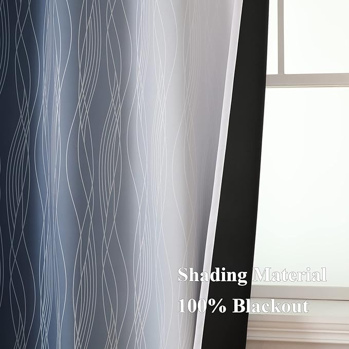 Estelar Textiler Blackout Curtains 90 Inches Long 2 Panels, Navy Blue and Greyish White Thermal Insulated Energy Saving Ombre Drapes for Bedroom,Light Blocking Grommet Curtains for Living Room,52Wx90L