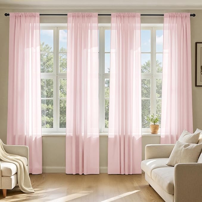 MIULEE Blush Pink Sheer Curtains 96 Inches Long, 4 Panels Set, Light Filtering Rod Pocket Voile Drapes for Living Room and Bedroom, Airy Soft Fabric Window Treatments, 42 x 96 Inches