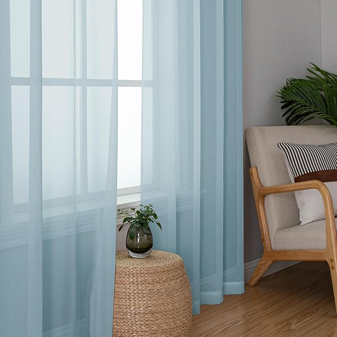Chyhomenyc Sky Blue Sheer Curtains 108 Inches Long - Light Filtering Voile Extra Long Panel Drapes for Floor to Ceiling Window, Elegant Soft Living Room Curtains, Each 42Wx108L Inch, 9FT, 2 Panels