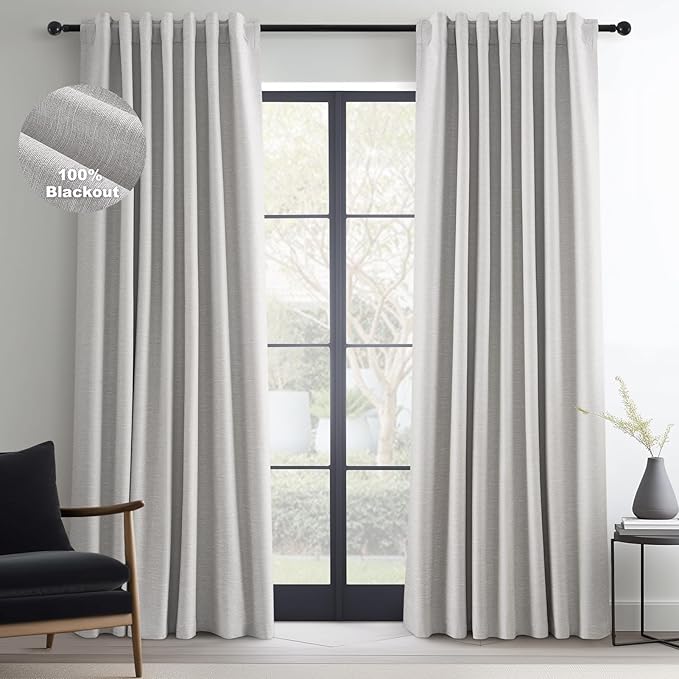 Topfinel 90 Inches Long Full Blackout Light Grey Linen Curtains for Bedroom, Pinch Pleat Black Out Curtains, Viral Farmhouse Modern Lined Track Drapes 2 Panels Set for Sliding Door Winter