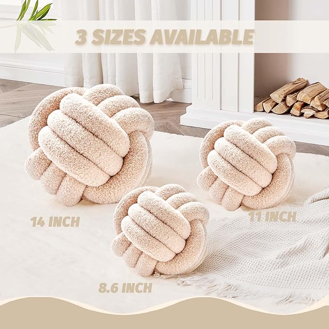 Uvvyui Knot Pillow Ball, Soft Home Decorative Round Throw Pillow, Handmade Knotted Plush Pillow, Round Boucle Pillow Cushion (8.6 Inches Beige)