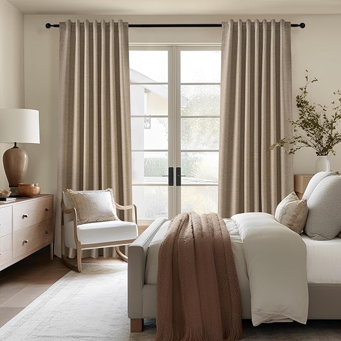 Topfinel Total Blackout Curtains 72 Inches Long 2 Panels for Bedroom Burlap Linen Heavy Insulated Bay Window Curtains Boho Farmhouse Drapes for Bedroom/Cabin/Kitchen Dark Brown Flax(W52 x L72)