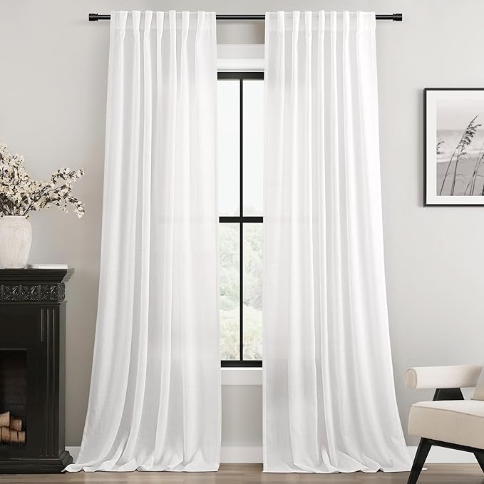 Extra Long White Curtain 108 inches Long 2 Panels Set Back Tab Light Filtering Cotton Textured Curtain Modern Farmhouse Coastal Decor Off White Linen Drapes 108 inch Length for Large Window 9 FT Tall