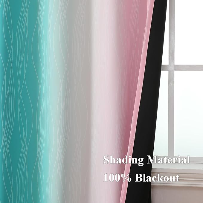 Estelar Textiler Pink and Teal Gradient Blackout Curtains for Bedroom, Thermal Insulated Ombre Drapes 96 Inches Long, Full Light Blocking Energy Saving Curtains for Living Room, 52Wx96L, 2 Panels
