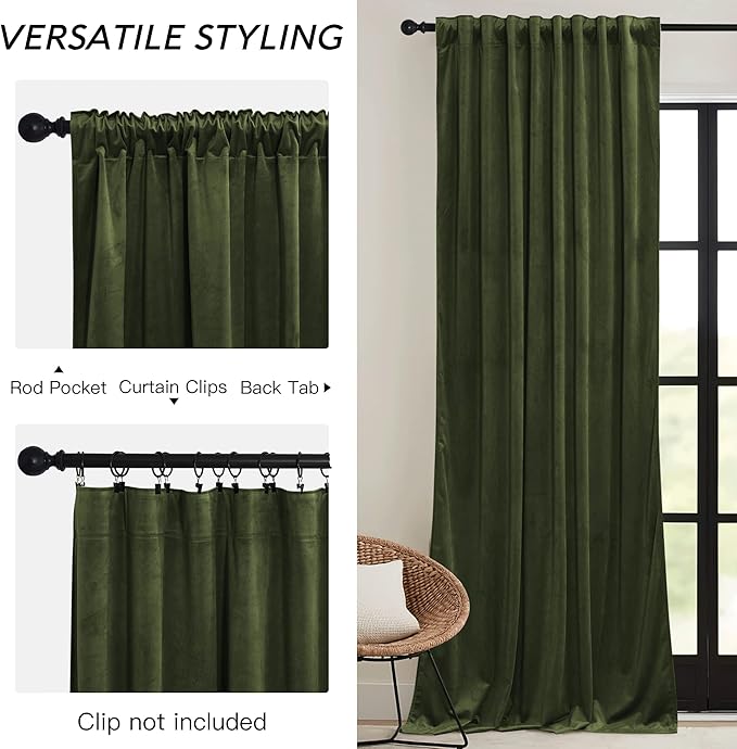 RYB HOME Olive Green Velvet Curtains with Hook Tape, Thermal Insulated Privacy Protect Decorative Drapes for Home Theater, W 52 x L 72 inches, 2 Panels Set