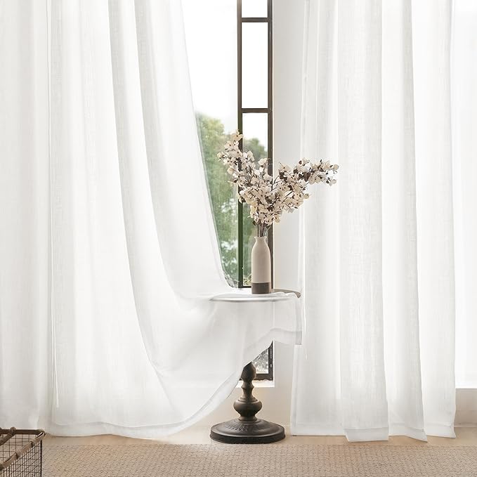 White Linen Curtains 63 inch Length 2 Panel Set for Living Room Back Tab Rod Pocket Semi Sheer Light Filtering Bedroom Window Curtain 63 inch Long Cotton Textured Modern Elegant Coastal Drapes